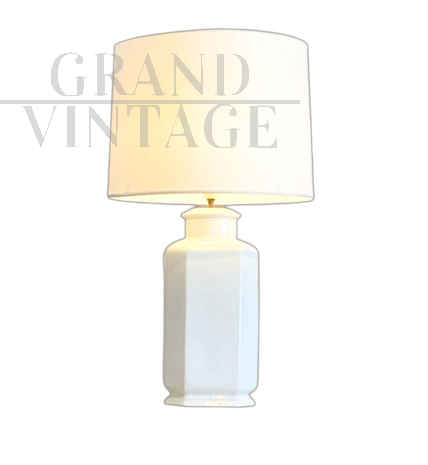 Table lamp in white glazed ceramic with lampshade, Italy 1970s
                            