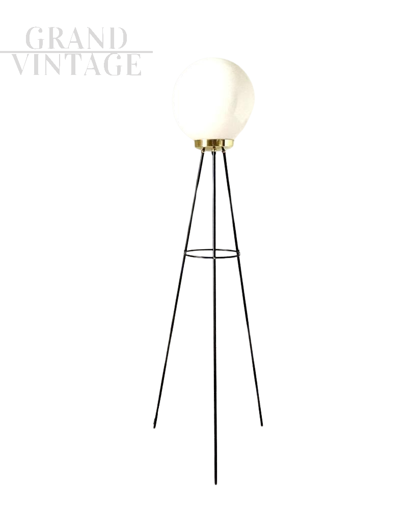Stilnovo tripod floor lamp in iron and opaline glass, Italy 1950s