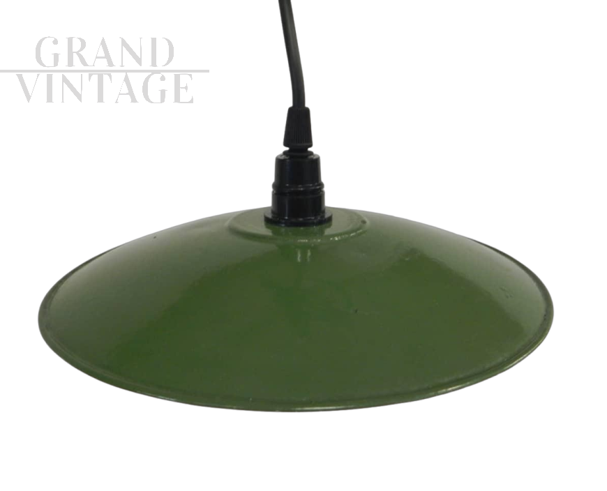 Industrial saucer lamp in dark green metal, 1940s