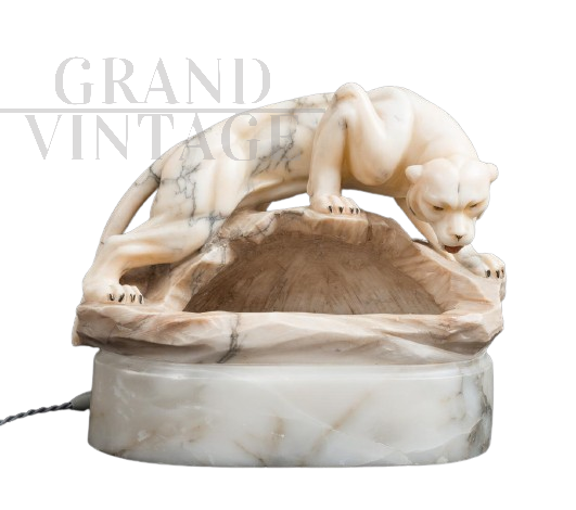 Antique Napoleon III sculpture lamp with panther in flowered alabaster