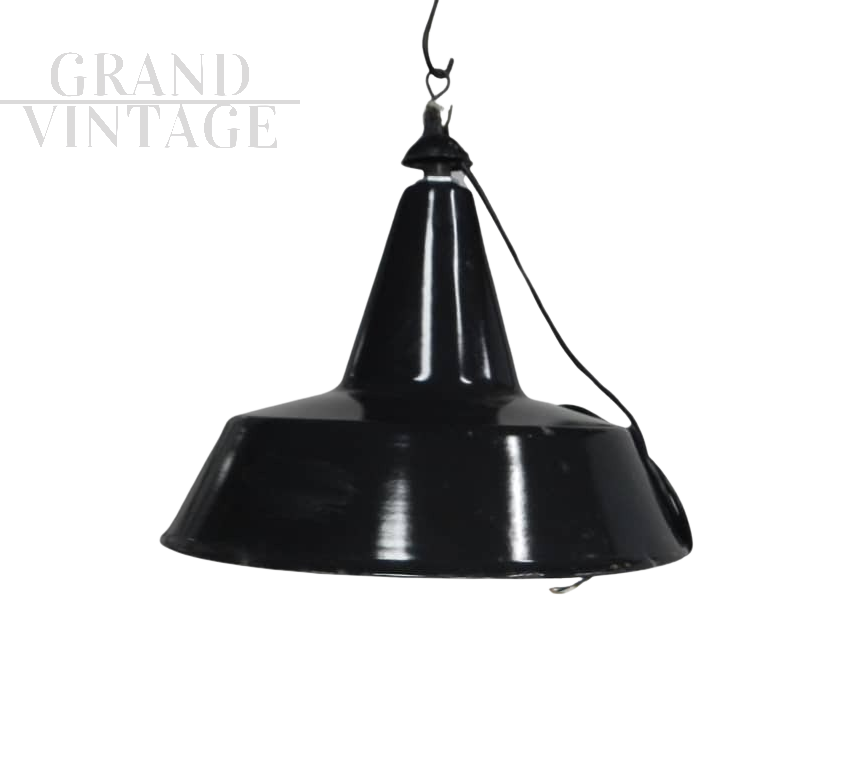 Industrial vintage lamp in black metal, diameter 40 cm, 1950s