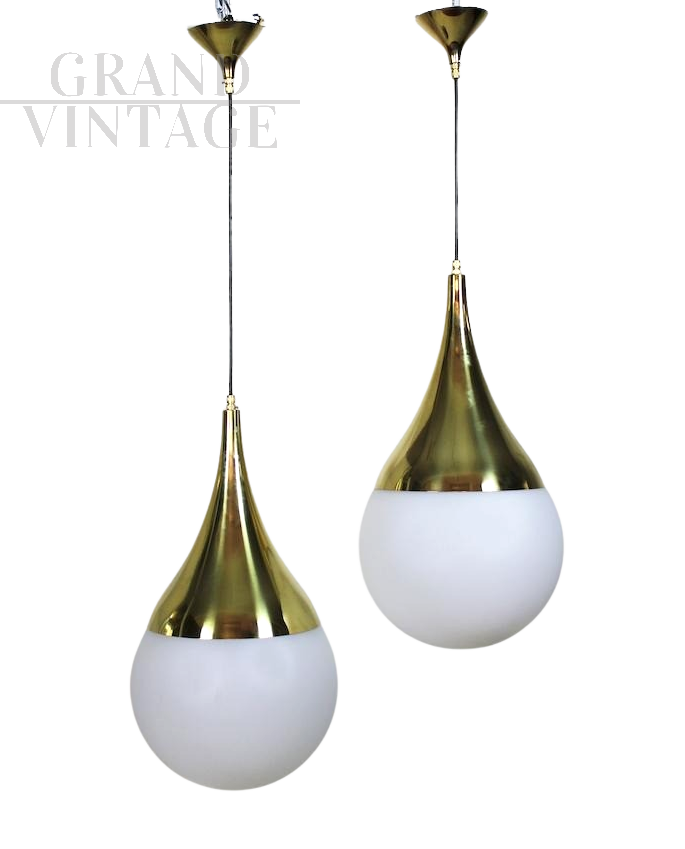 1970s drop suspension light in brass and glass