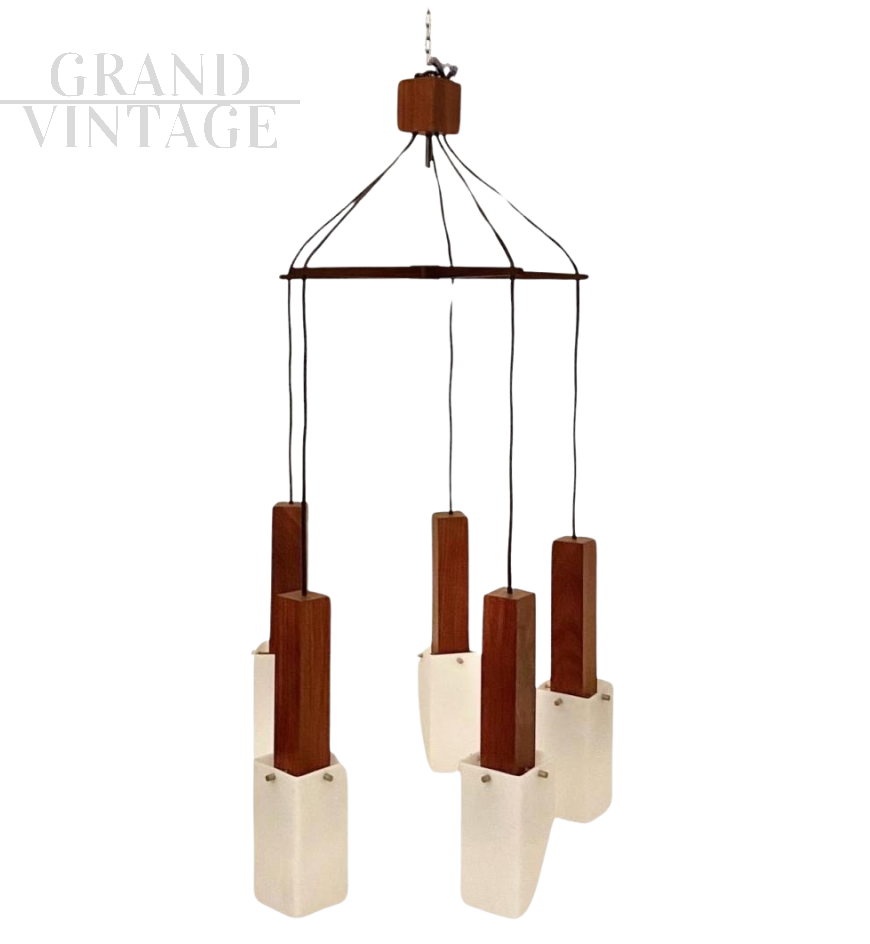 Guzzini design chandelier in rosewood with 5 lights, Italy 1960s