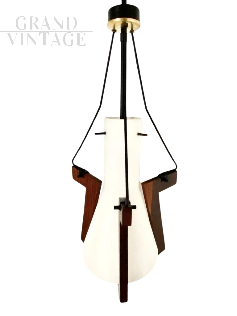 Vintage Stilnovo chandelier in opaline and solid teak, Italy 1950s