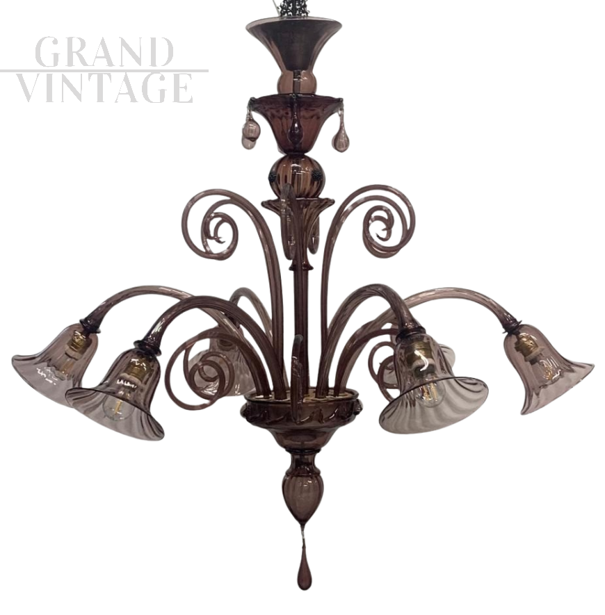 Lampadario A.V.E.M. in vetro di Murano viola, anni '30                            