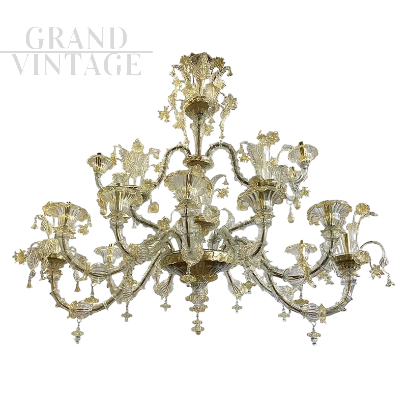 Rezzonico style boat chandelier in golden crystal Murano glass