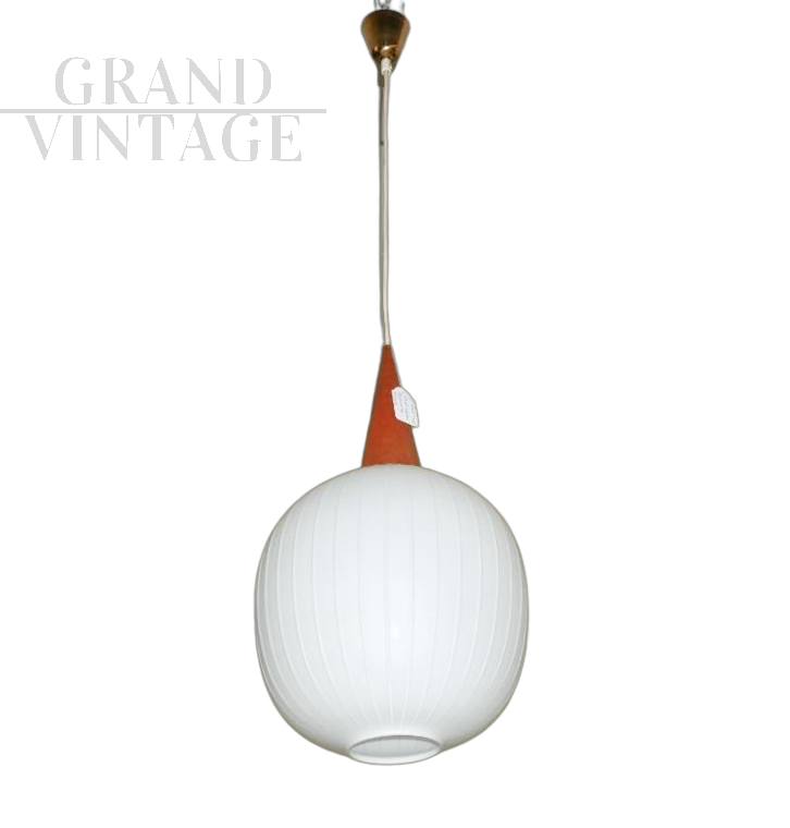 60s Scandinavian style pendant light in glass and teak wood