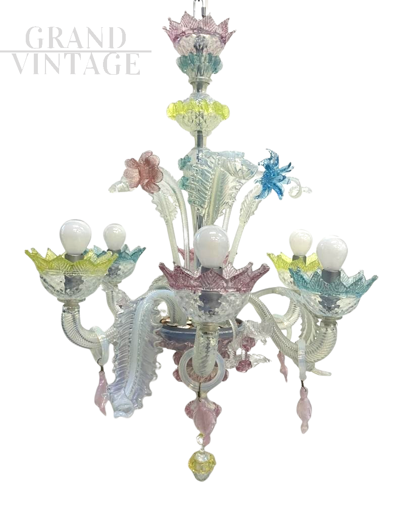 Chandelier attr. Cesare Toso in colored Murano glass with 6 lights