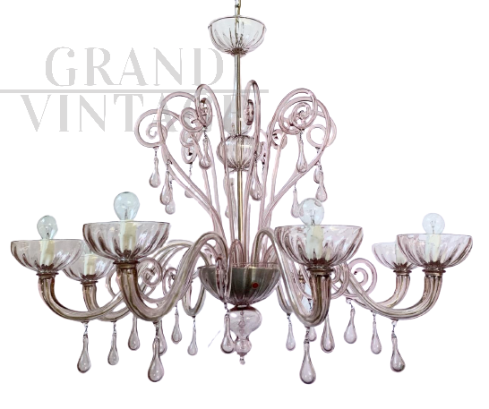 Cesare Toso Murano glass chandelier with company stamp, 8 arms, 1990