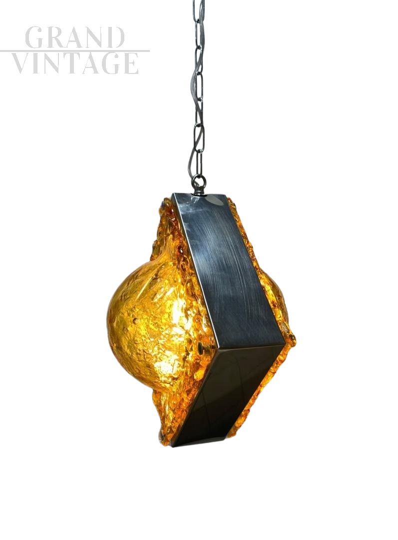Chandelier with double plate in amber Murano glass attributed to Mazzega