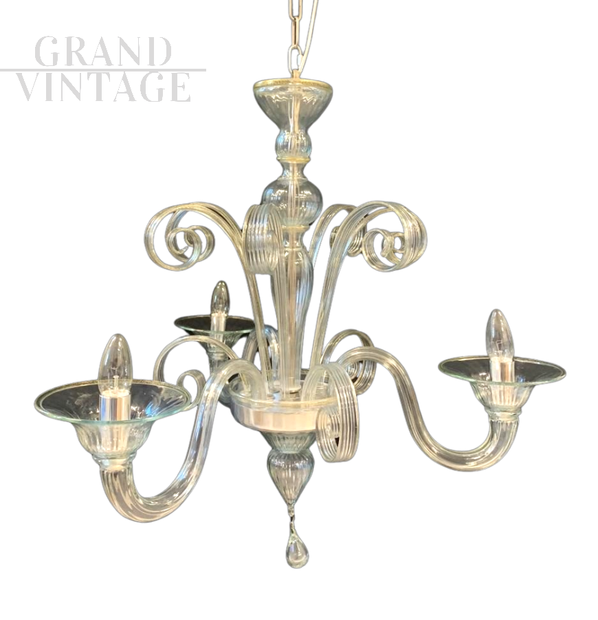 Cesare Toso design chandelier in transparent and gold Murano glass with 3 arms