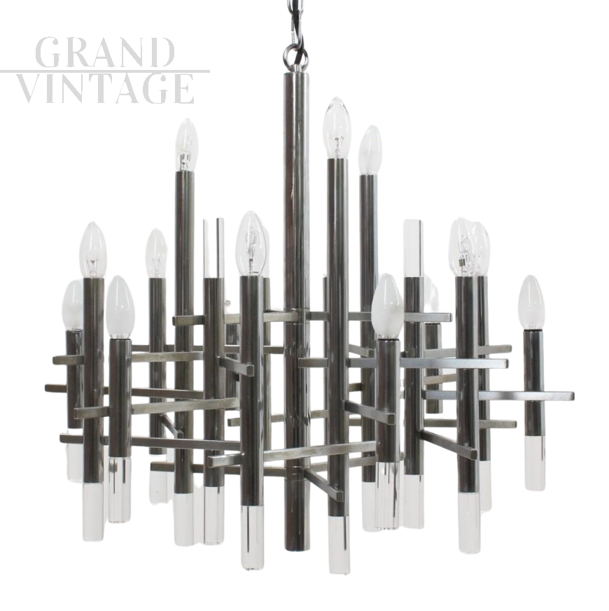 Gaetano Sciolari 15-light chrome chandelier, 1970s Italian space age