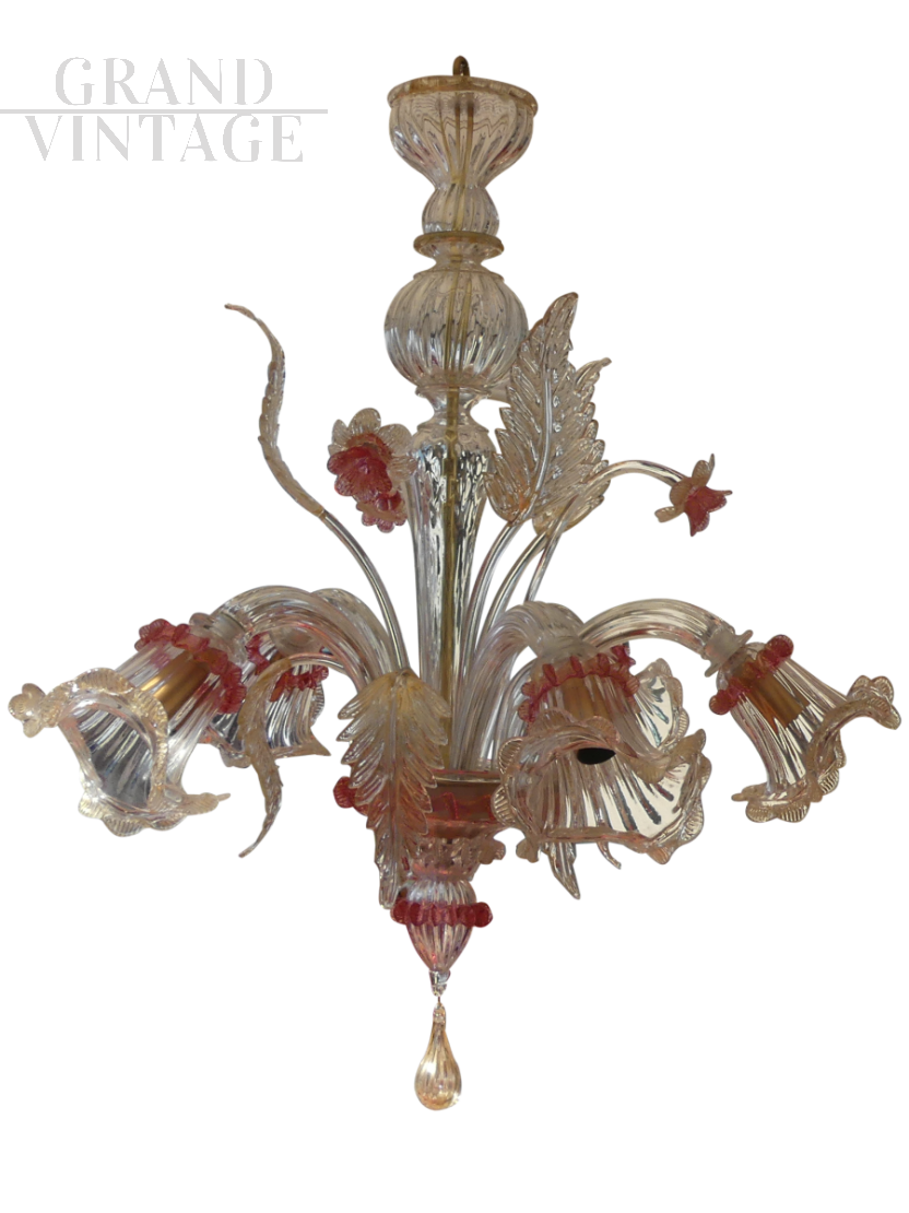 1980s Murano chandelier with pink and gold crystals