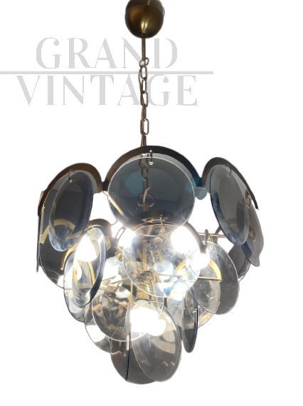60s Vistosi Murano chandelier in smoked glass and brass