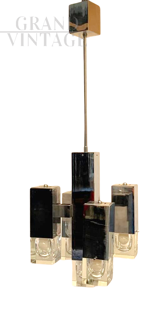 Vintage chandelier attributed to Sciolari with 5 cube lights, 1970s