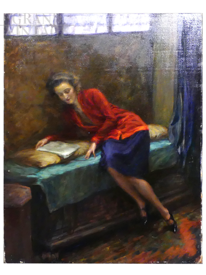 Reading - Painting by Angelo Cantù with female subject                     
                            