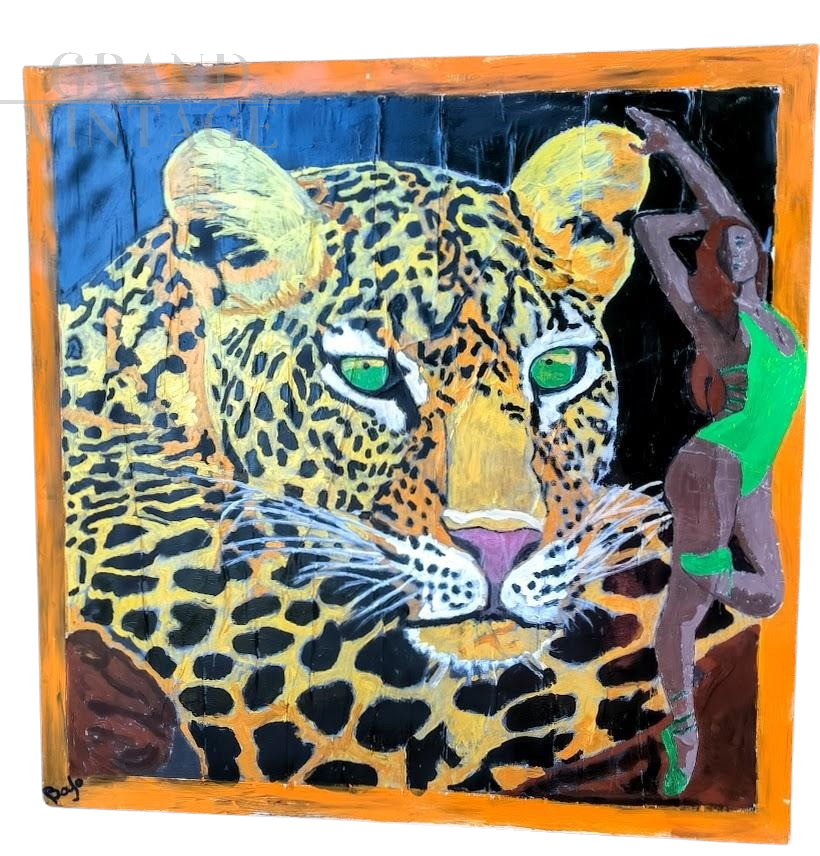 Leopard and Dancer, acrylic painting on canvas by Barbara Iori, 2025