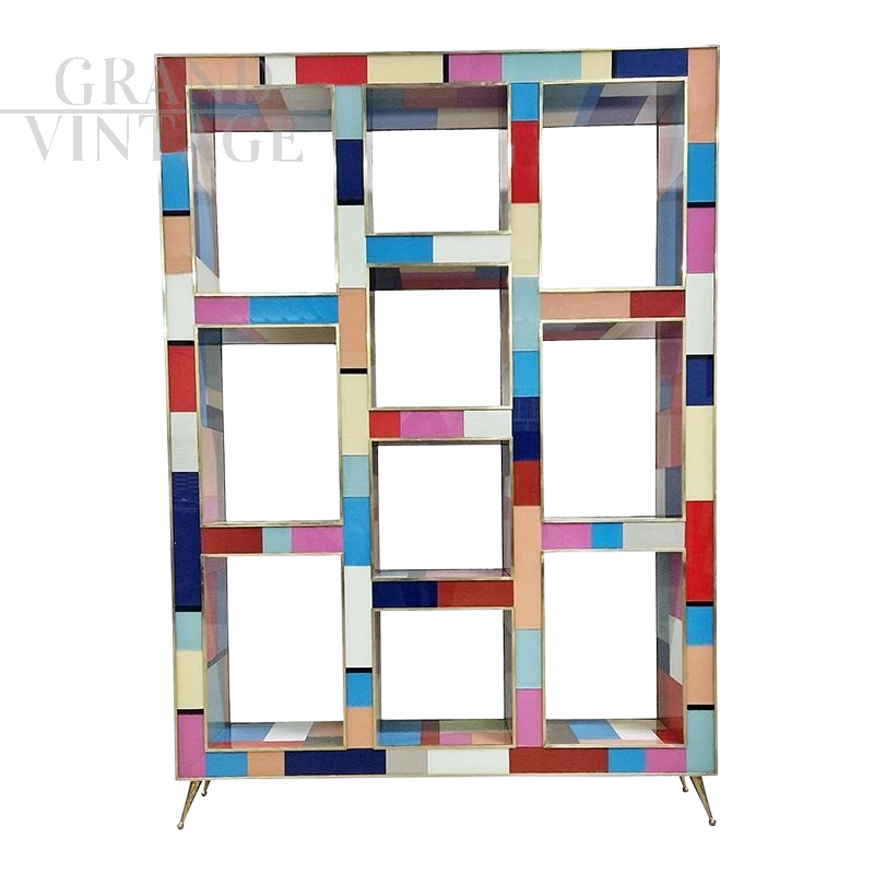 Double-sided open bookcase in multicolored Murano glass