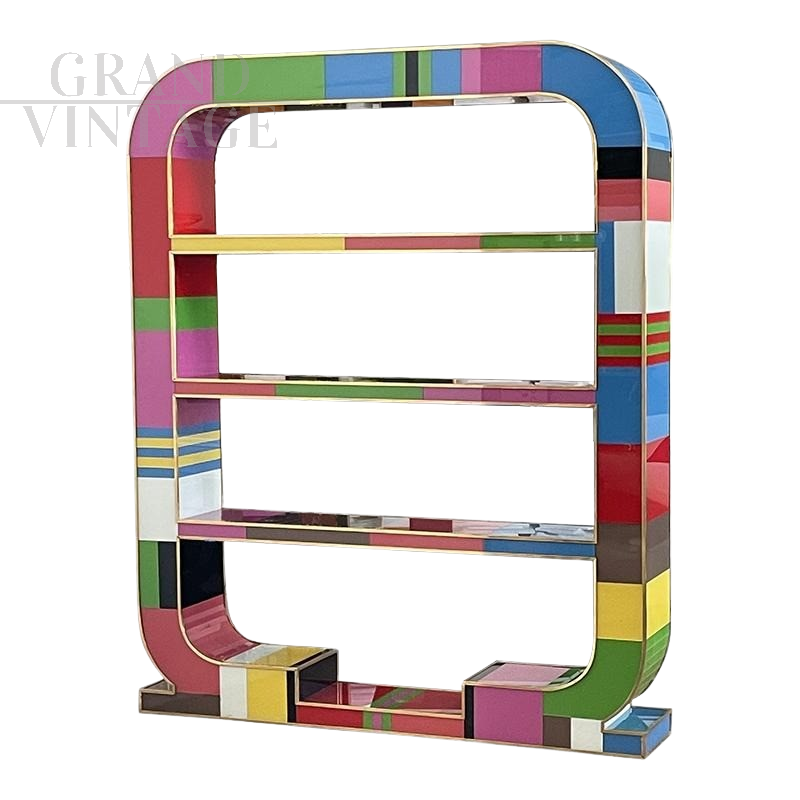 Art Deco style open bookcase in multicolored Murano glass