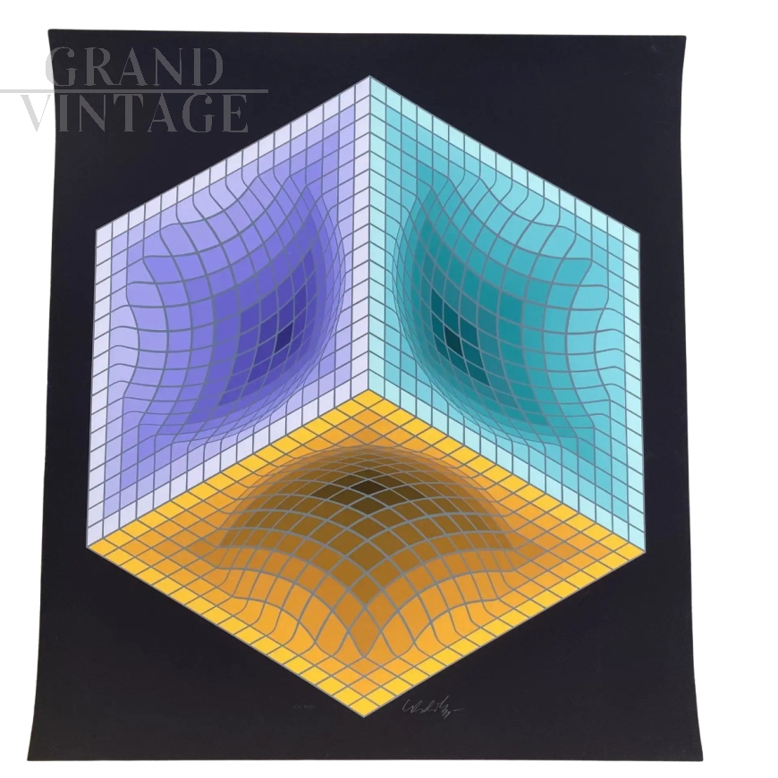 Lithograph by Victor Vasarely with Geometric Structure on Black