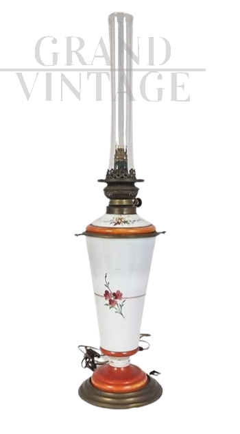 Antique electrified oil lamp in bronze and painted glass