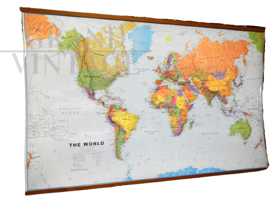 Vintage political map of the world in laminated paper, early 2000s