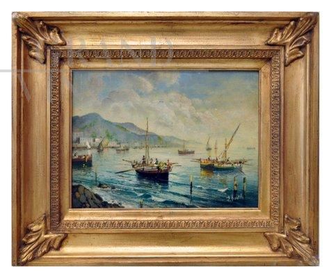 Marina painting by Luigi Basile, Posillipo school, oil on panel