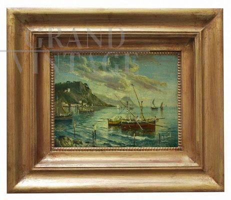 Marina di Napoli painting by Luigi Basile, Posillipo school, oil on panel