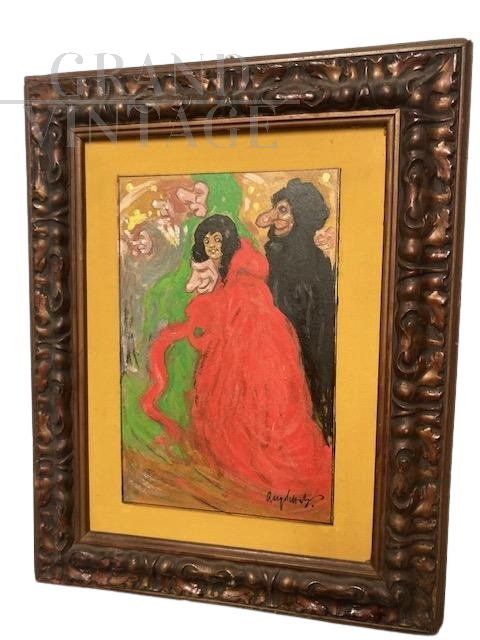 Masks - Oil painting on cardboard from the 1920s, signed