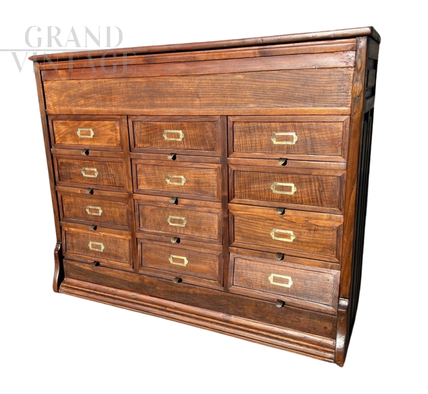 Antique office filing cabinet in oak with 12 drawers  