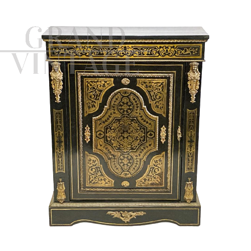 Antique sideboard with one door with Boulle inlay, Napoleon III period - mid-19th century              
                            