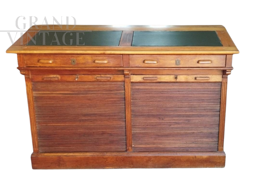Vintage desk unit with roller shutter filing cabinet