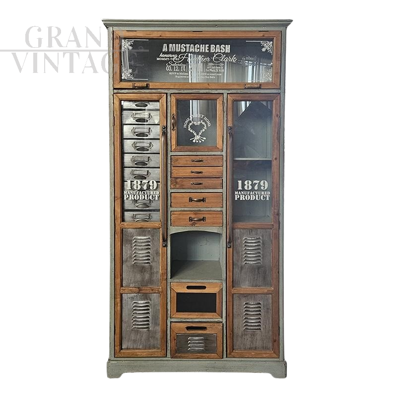 Industrial style metal and wood shop display cabinet
