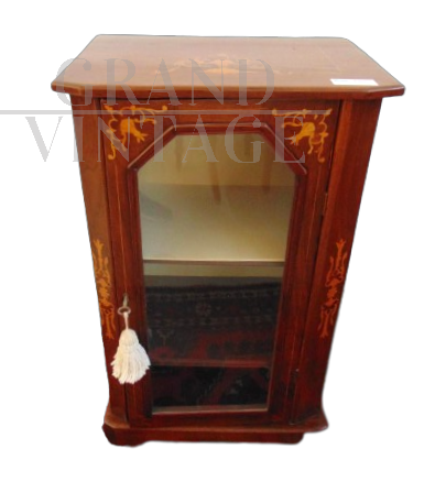 Antique English showcase cabinet for sheet music with floral inlays