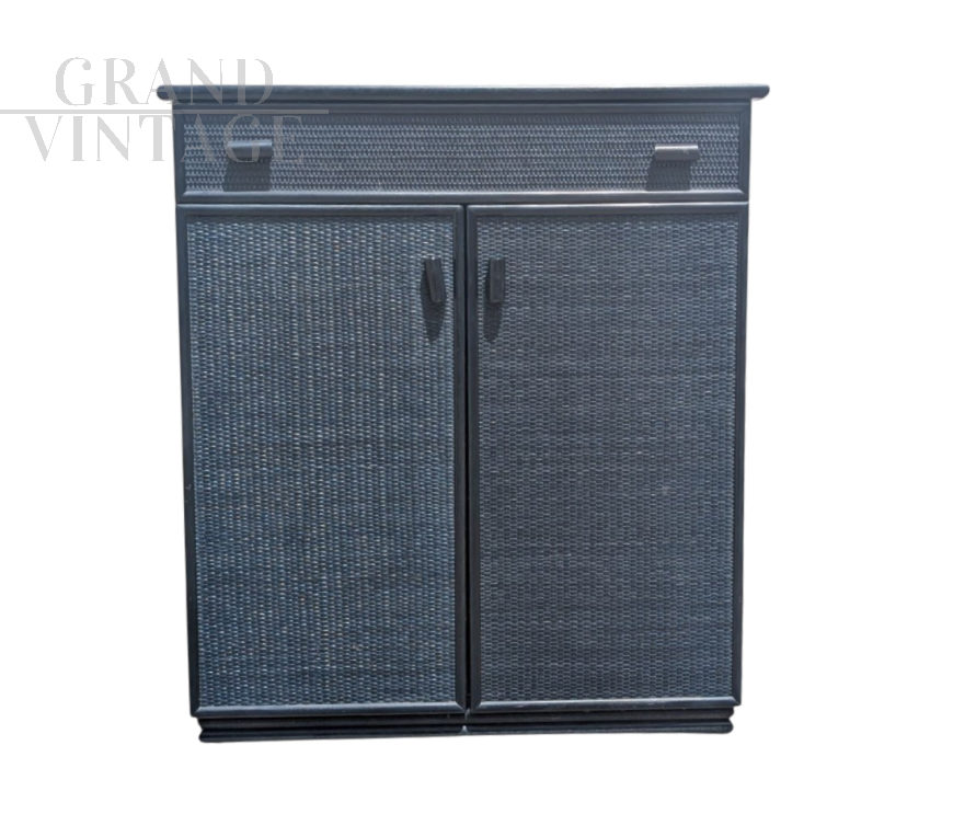 Vintage petrol blue wicker cabinet, 1960s