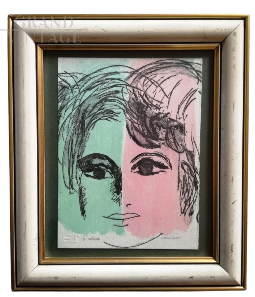 Woman's face - Lithograph painting by Bruno Cassinari, 1969