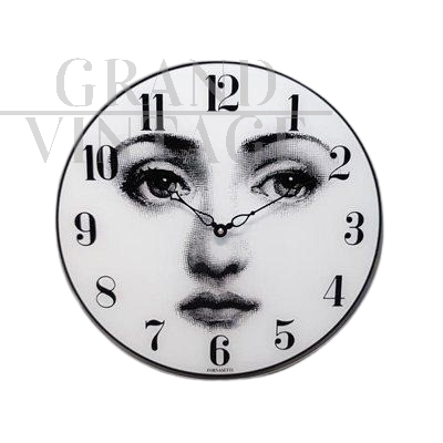 Fornasetti design wall clock in glass, Italy 1990s                  
                            