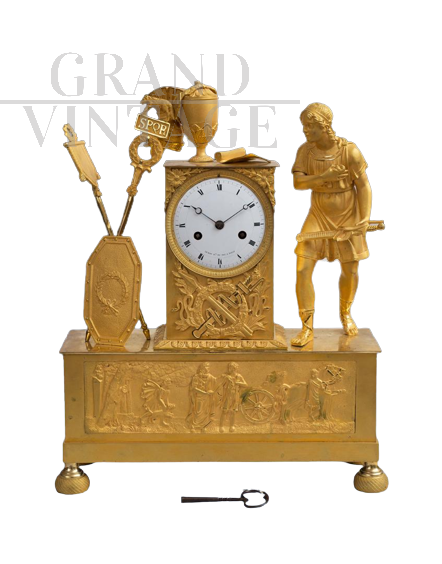 Antique Empire clock in gilt bronze with Roman emperor                     
                            