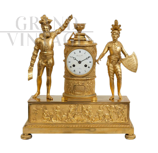 Antique Empire clock in gilt bronze with King Charles X                         
                            
