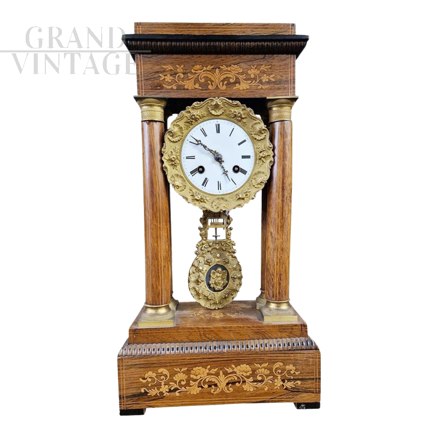 Empire portal clock in inlaid walnut, mid-19th century