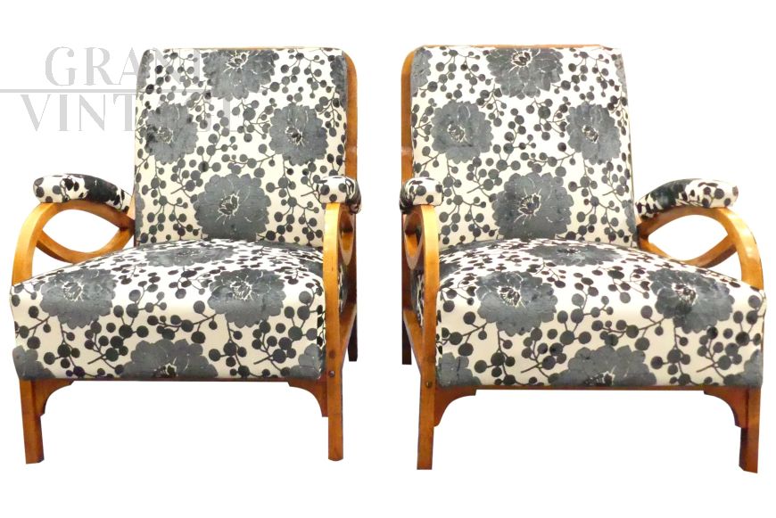 Pair of original Thonet armchairs in Viennese velvet