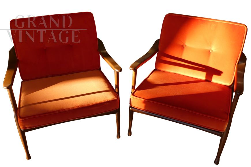 Pair of 60s design Augusta armchairs in orange velvet