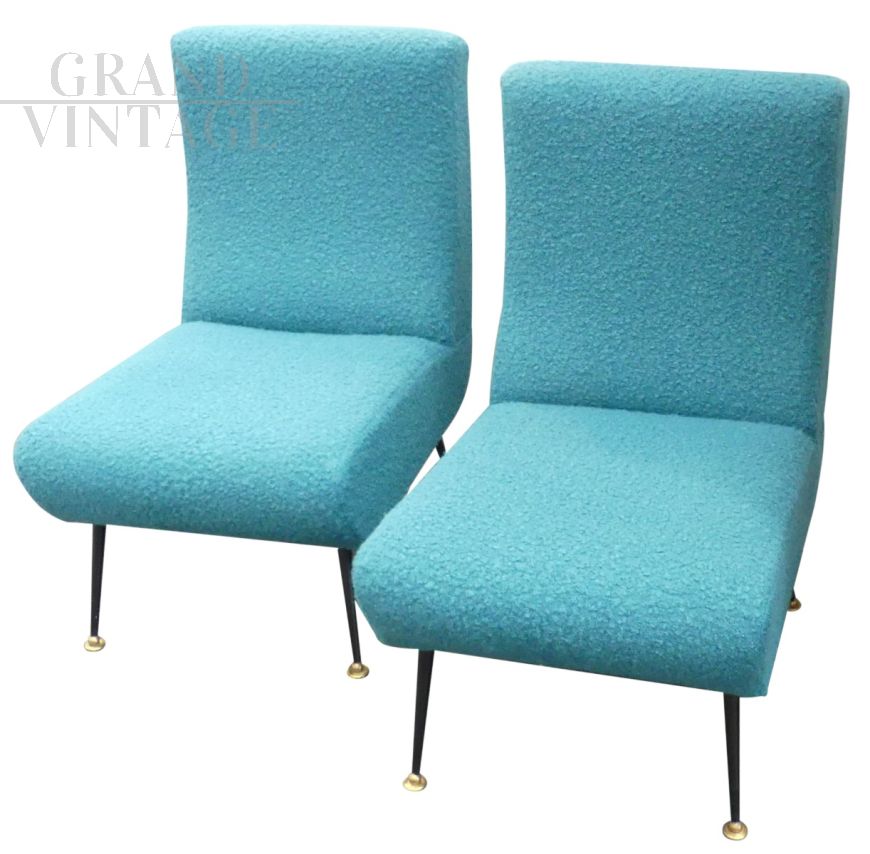 1950s armchairs in light blue Bouclé wool