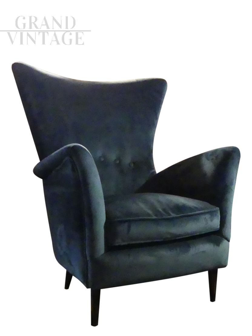 Pair of petrol blue velvet armchairs