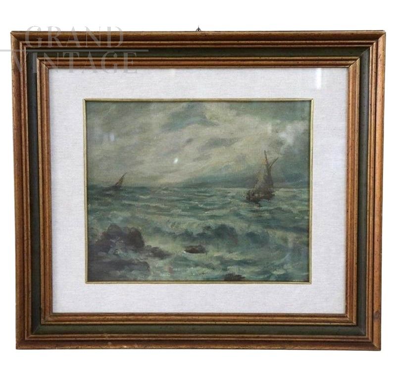 P. Sacchetto - stormy sea painting with boats, Italy 1940s         