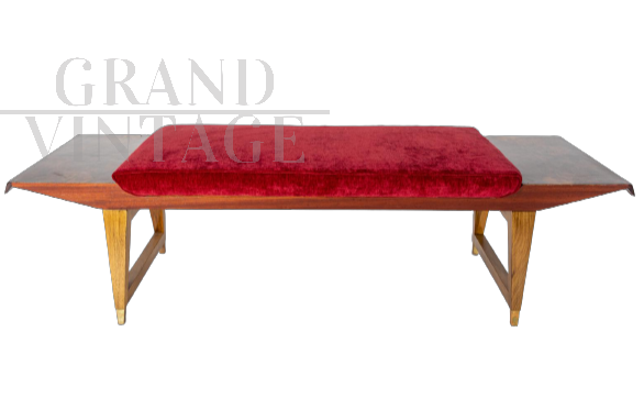Italian mid-century bench with burgundy velvet seat