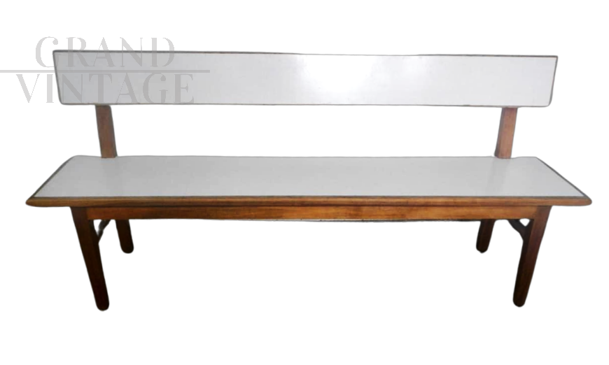 Vintage bench in cherry wood and white formica, Italy 1950s      