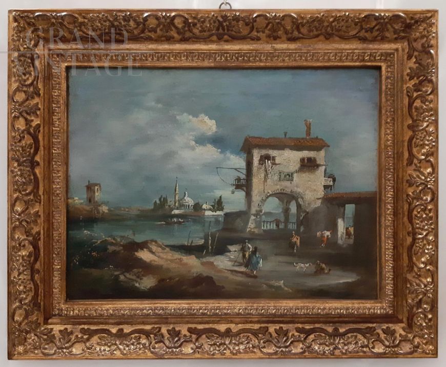 Painting of lake landscape with architecture