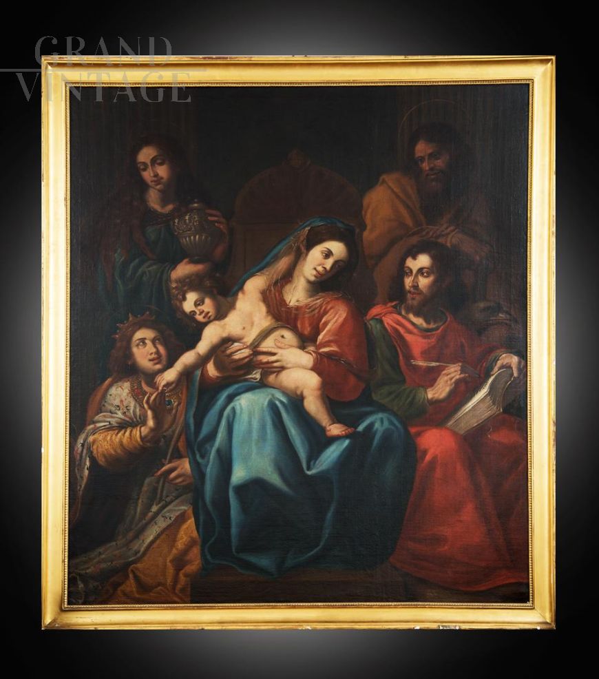 Antique oil painting on canvas depicting the Mystical Marriage of Saint Catherine