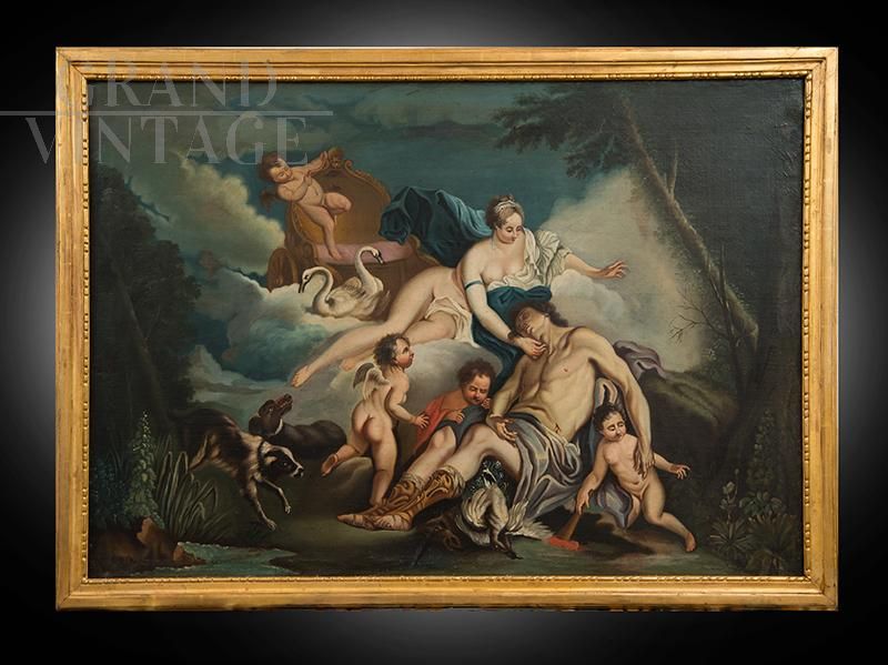 Venus and Adonis, antique oil painting on canvas in Renaissance Boucher style            
                            